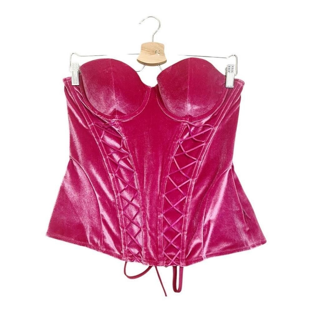 Savage X Fenty Corset Top Womens Large Pink Velvet Strapless Lace Up Boned New - Picture 3 of 7